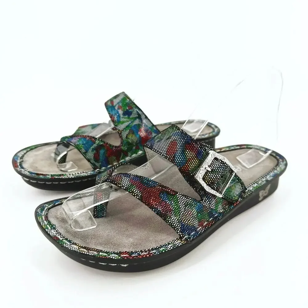 Alegria Womens Valentina Leather Sandal Size 38/US 8 Metallic Rainbow Comfort‎